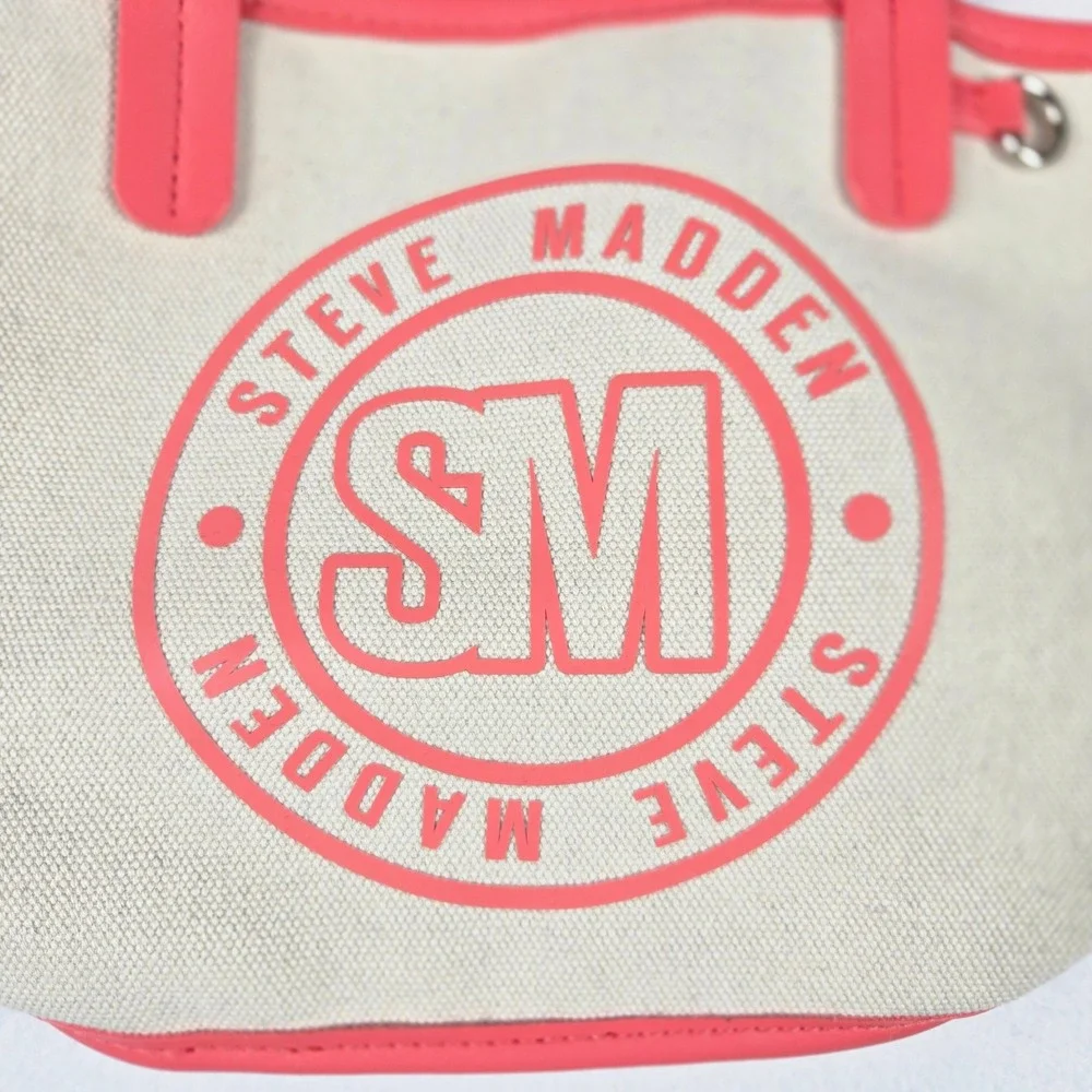 Steve Madden Canvas Tote Bag Womens Small Cream Pink Logo Casual (S10)